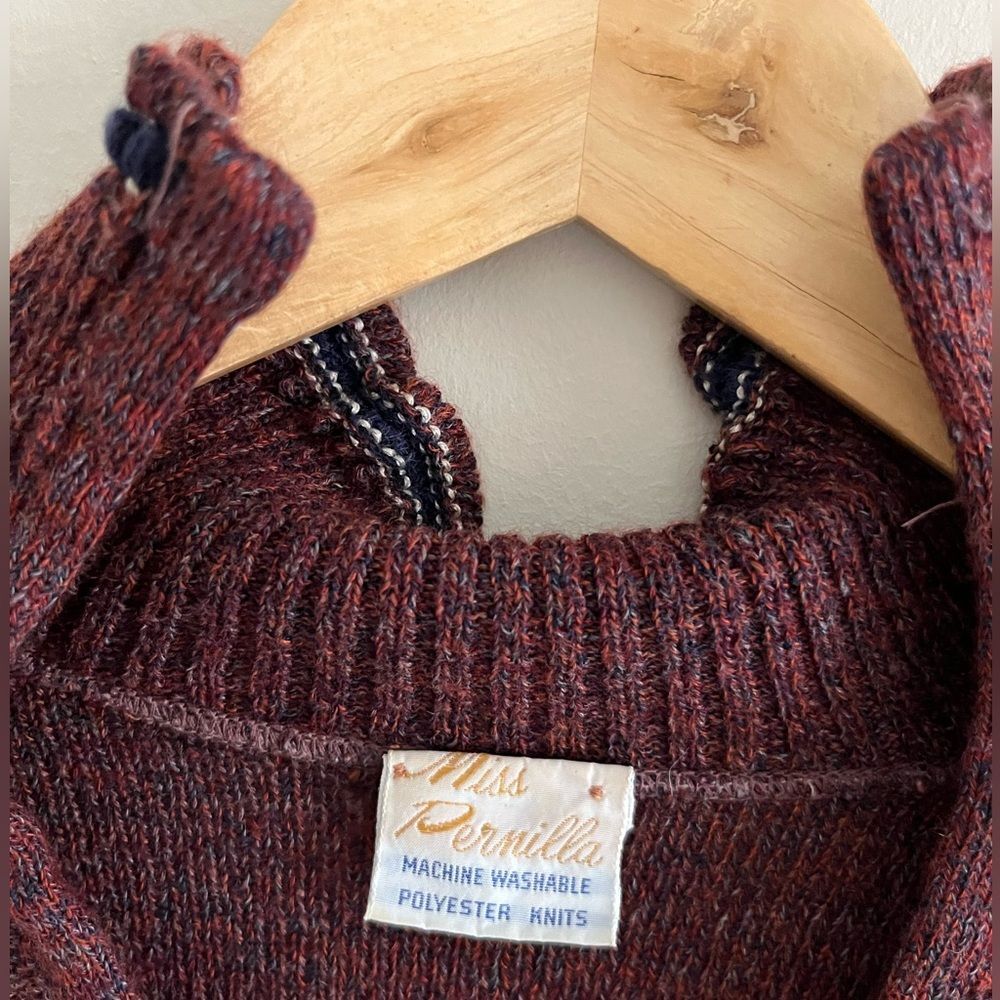 Vintage 70s Miss Pernilla Burgundy Knit Puff Sleeve Ruffle Cuff Sweater - Picture 4 of 11